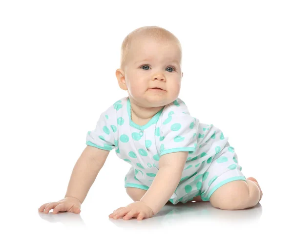 Cute little baby crawling on white background Stock Picture