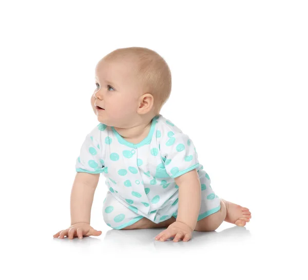 Cute little baby crawling on white background Stock Photo