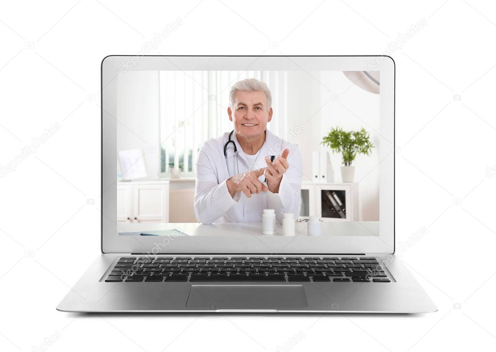 Using laptop for video chat with doctor on white background. Online consultation