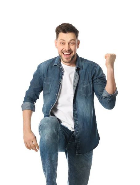 Retrato de homem bonito emocional no fundo branco — Fotografia de Stock