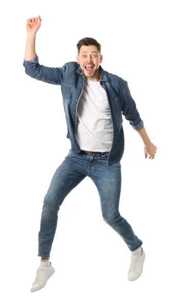 Ritratto a figura intera di uomo bello felice che salta su sfondo bianco — Foto Stock
