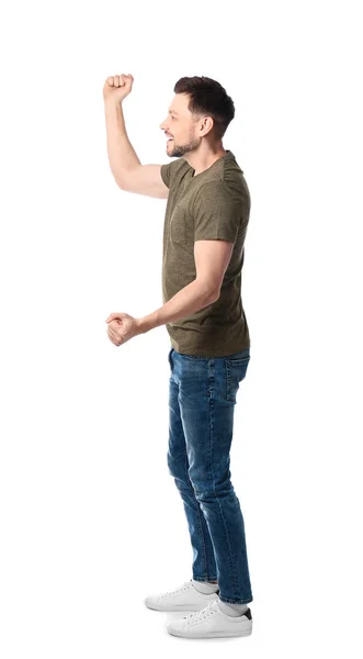 Full length portrait of emotional man posing on white background — Stock Photo, Image