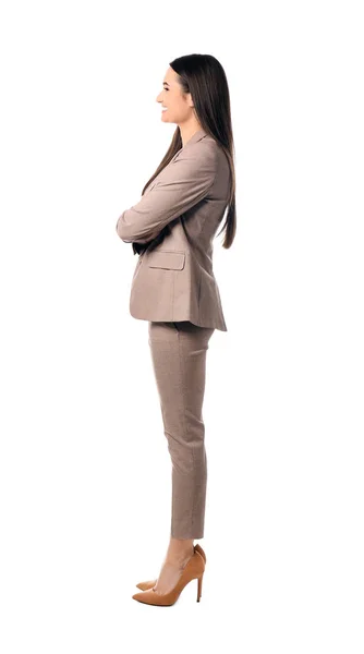Portrait complet de femme d'affaires posant sur fond blanc — Photo