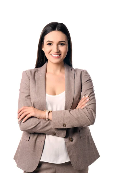 Retrato de mulher de negócios feliz posando no fundo branco — Fotografia de Stock