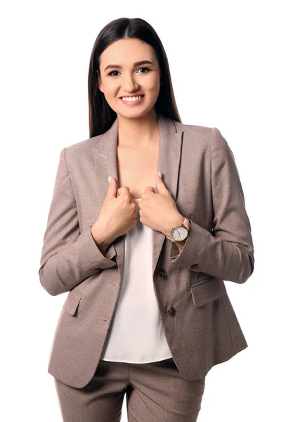 Retrato de mulher de negócios feliz posando no fundo branco — Fotografia de Stock