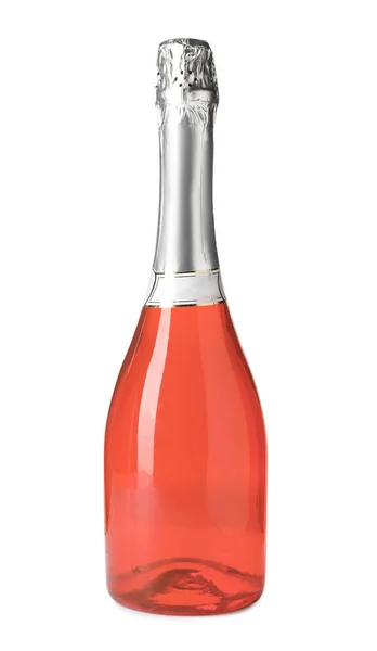 Láhev růžýho šampaňského izolovaná na bílém. Mockup pro design — Stock fotografie