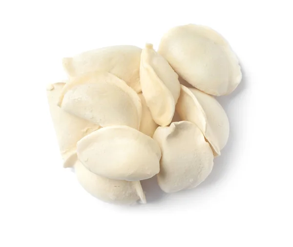 Stapel rauwe dumplings op witte achtergrond, bovenaanzicht — Stockfoto