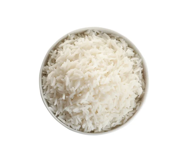Bowl van smakelijke gekookte rijst op witte achtergrond, bovenaanzicht — Stockfoto