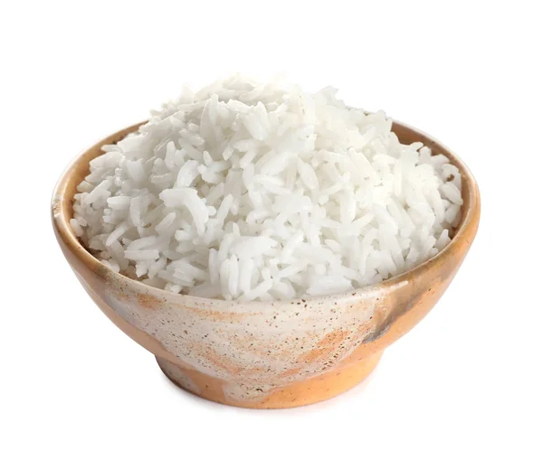 Tigela de arroz cozido saboroso no fundo branco — Fotografia de Stock