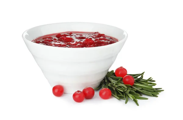 Bowl of cranberry sauce with rosemary on white background — Stock Photo, Image