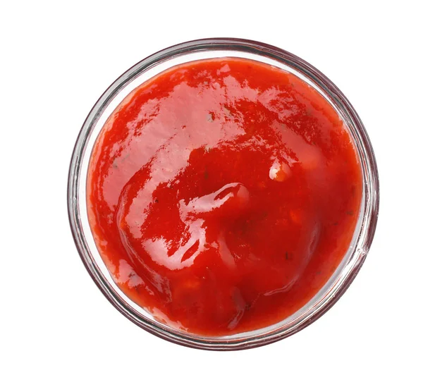 Cuenco con salsa roja aislado en blanco, vista superior — Foto de Stock