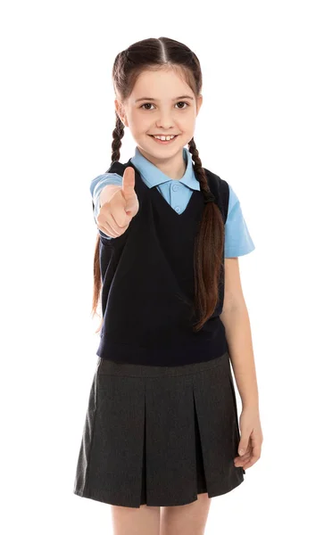 Retrato de linda chica en uniforme escolar sobre fondo blanco —  Fotos de Stock