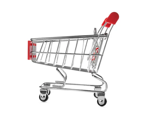 Empty metal shopping trolley isolated on white — Stock Photo, Image