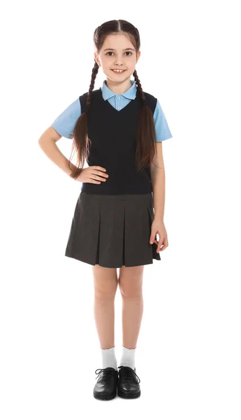 Full length portrait of cute girl in school uniform on white background — Stock Photo, Image