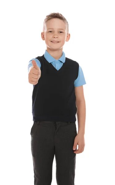 Retrato de menino bonito em uniforme escolar no fundo branco — Fotografia de Stock