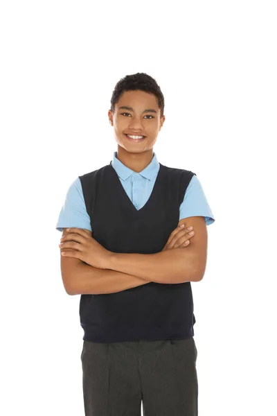 Retrato de menino afro-americano em uniforme escolar sobre fundo branco — Fotografia de Stock