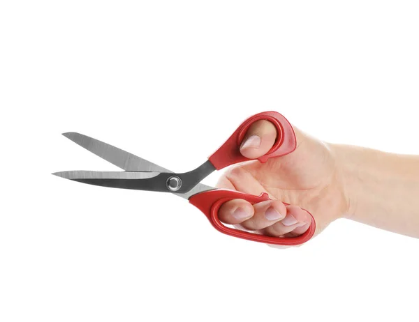 Man holding pair of sewing scissors isolated on white, closeup — Stock Photo, Image