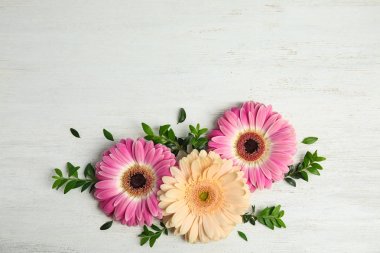Ahşap arka plan üzerinde güzel parlak gerbera çiçekleri ile Düz yatıyordu kompozisyon, üst görünümü. Metin için alan