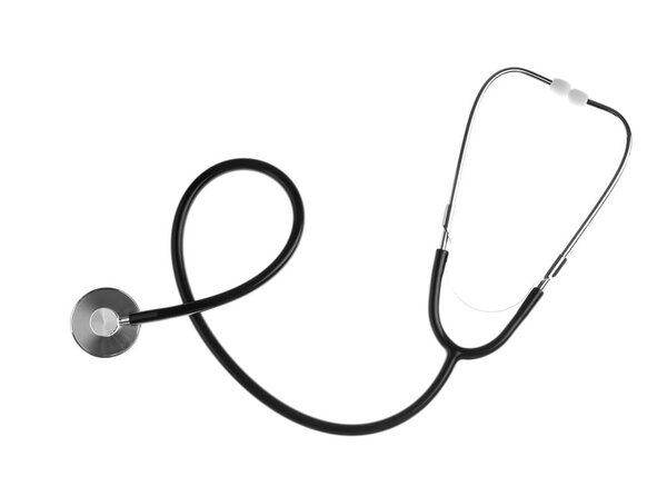 Stethoscope on white background, top view. Medical device