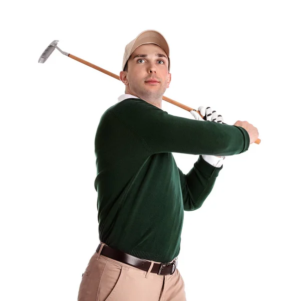 Jovem jogando golfe no fundo branco — Fotografia de Stock