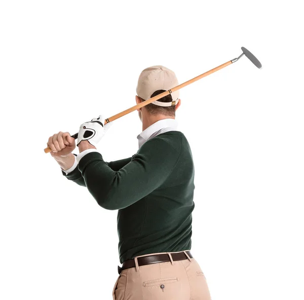 Joven jugando al golf sobre fondo blanco — Foto de Stock