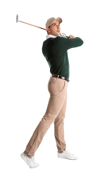 Joven jugando al golf sobre fondo blanco — Foto de Stock