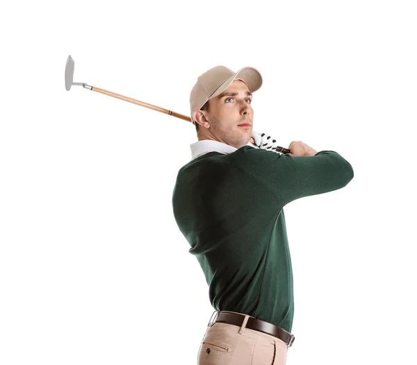 Young man playing golf on white background — Stock Photo, Image
