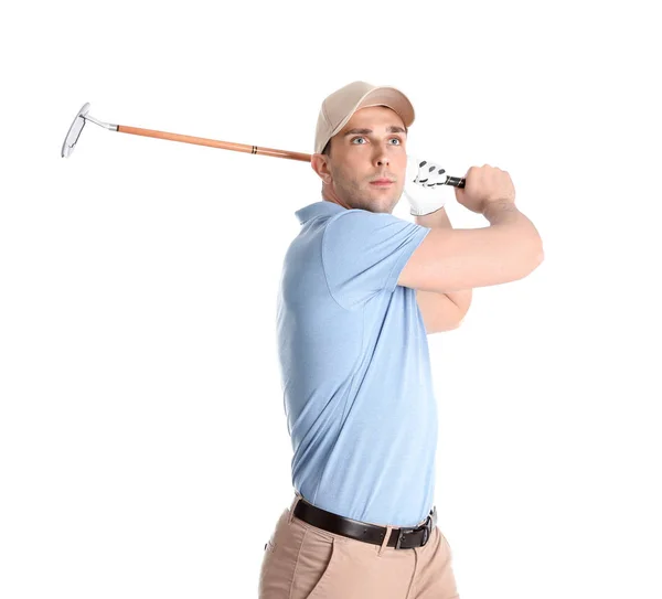 Jovem jogando golfe no fundo branco — Fotografia de Stock