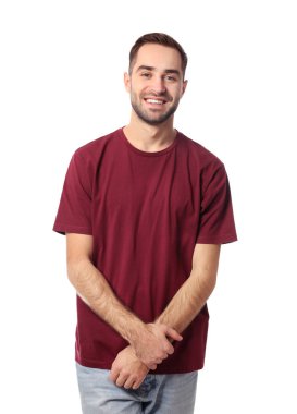 Beyaz arka plan üzerinde poz yakışıklı bir adam portresi