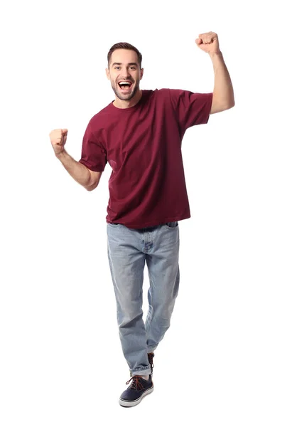 Retrato de comprimento total de homem bonito emocional no fundo branco — Fotografia de Stock