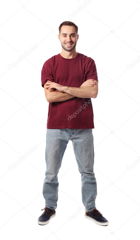 Full length portrait of handsome man posing on white background