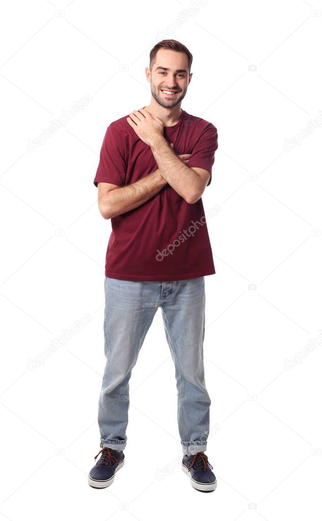 Full length portrait of emotional handsome man on white background