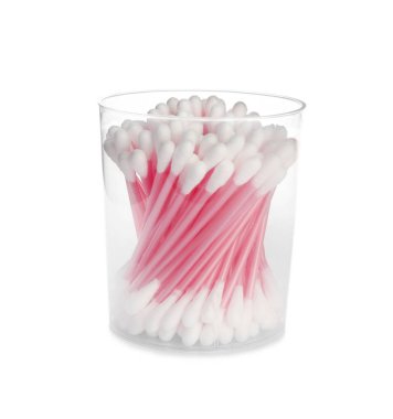 Plastic container with cotton swabs on white background clipart