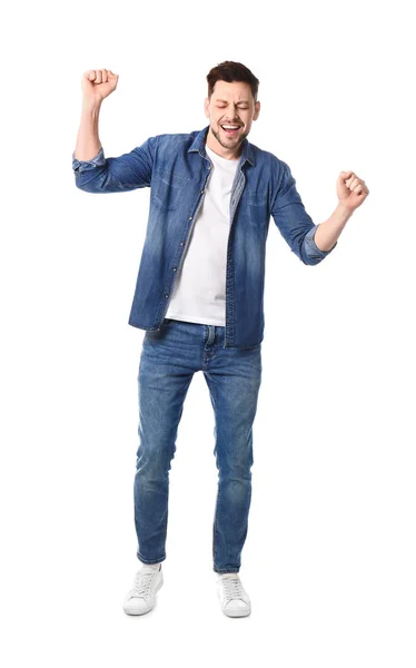 Full length portrait of emotional handsome man on white background — Stock Photo, Image