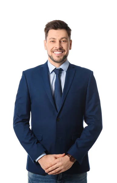 Retrato de hombre de negocios feliz posando sobre fondo blanco — Foto de Stock