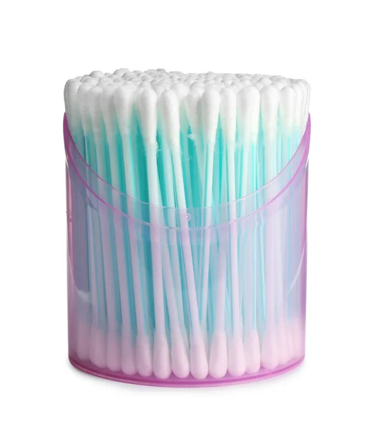 Plastic container with cotton swabs on white background — Stock Photo, Image