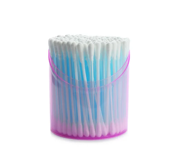 Plastic container with cotton swabs on white background — Stock Photo, Image