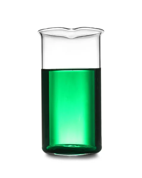 Vidrio de laboratorio con muestra de color sobre fondo blanco. Química de solución —  Fotos de Stock