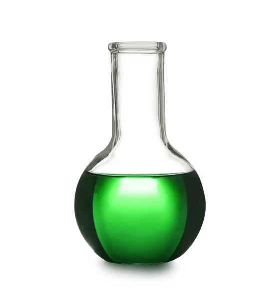Laboratory glassware with color sample on white background. Solution chemistry — Stock Photo, Image