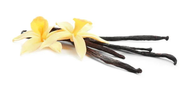 Aromatic vanilla sticks and flowers on white background — Stock Photo, Image