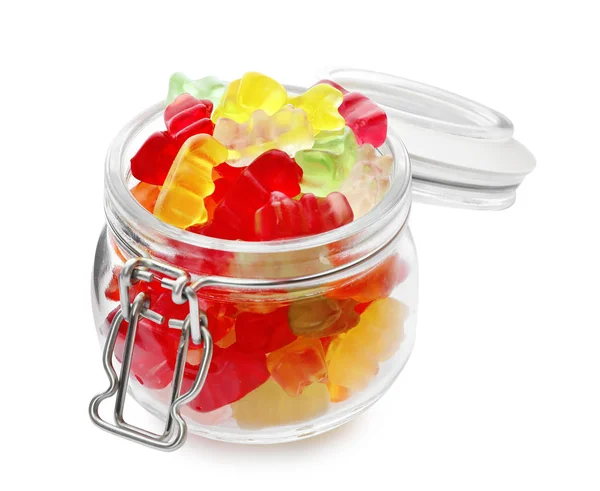 Glass jar with delicious jelly bears on white background — Stock Photo, Image
