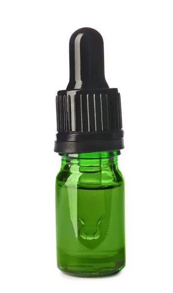 Flacone cosmetico e pipetta con olio essenziale su fondo bianco — Foto Stock