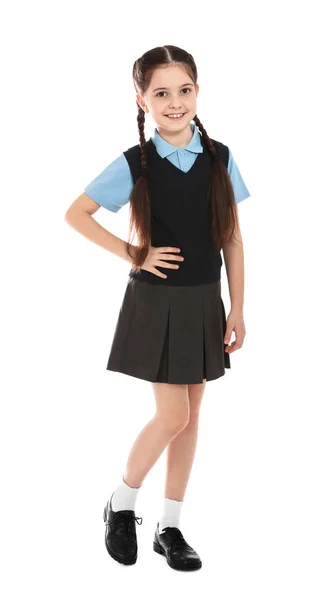 Full length portrait of cute girl in school uniform on white background — Stock Photo, Image