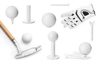 Beyaz arka planda farklı modern golf ekipmanları seti
