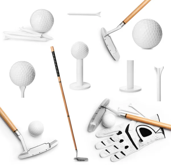 Conjunto de diferentes equipamentos modernos de golfe sobre fundo branco — Fotografia de Stock