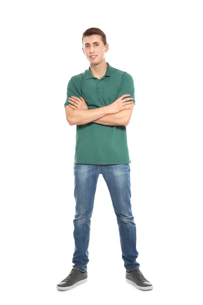 Full length portrait of young man in stylish clothes on white background — Stock Photo, Image