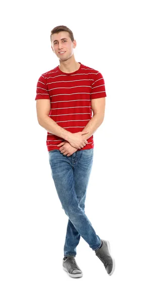 Full length portrait of young man in stylish clothes on white background — Stock Photo, Image