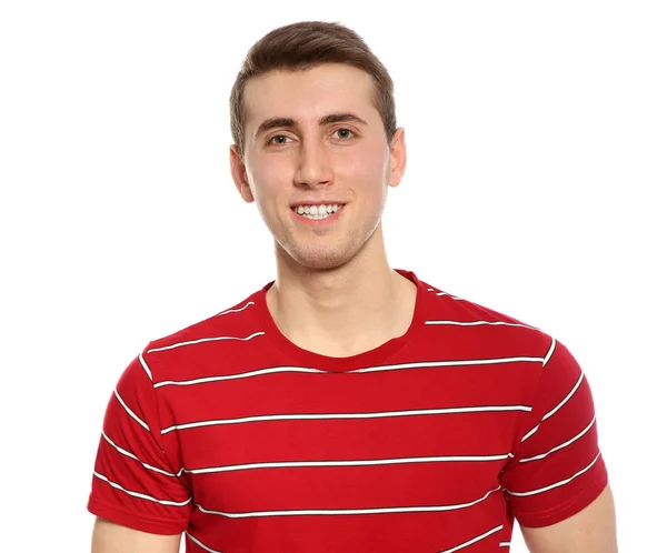 Portret van de jonge man in heldere t-shirt op witte achtergrond — Stockfoto