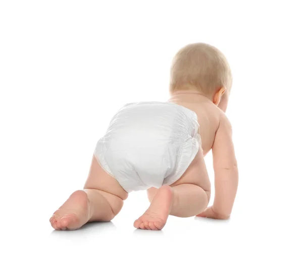 Niedliches kleines Baby kriecht auf weißem Hintergrund — Stockfoto