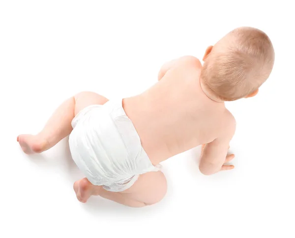 Cute little baby crawling on white background, top view — Stock Photo, Image